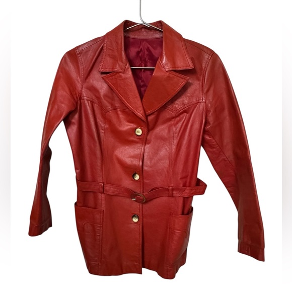 Vintage Jackets & Blazers - Vintage Red 70s Leather Belted Trent Coat Jacket Women’s S MINTY RARE